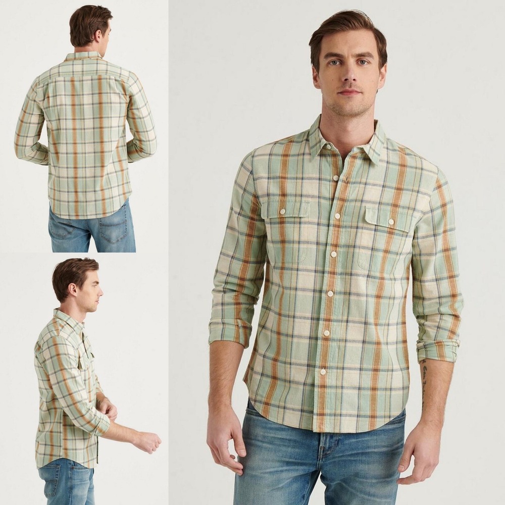 Lucky Brand Button Down Shirt‎ Slim Fit Plaid Green Tan XL Cotton Linen Casual